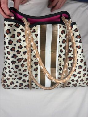 Leopard-Print Tote with Gold Stripe and Pink Interior